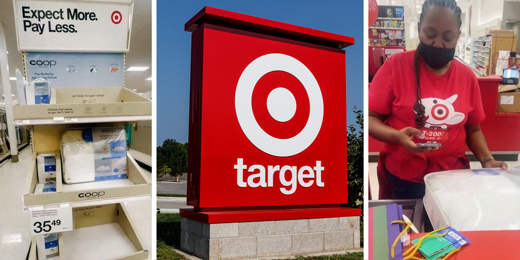 Pillow Shelves(l) Target Store Sign(c) Target Store Worker scanning products(r)