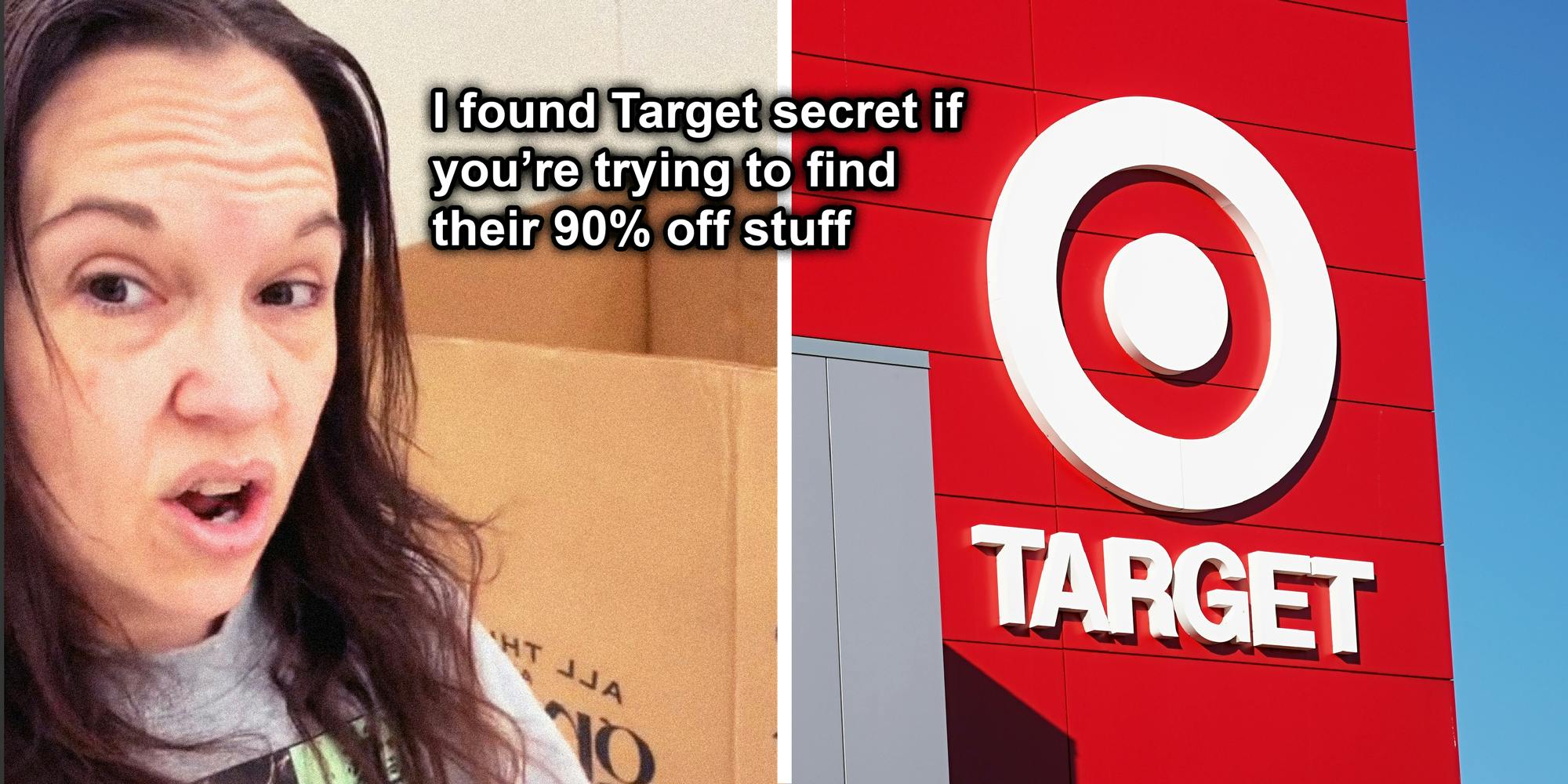 2 panel image: on the left a person explains, on the right the target sign outside a target store.