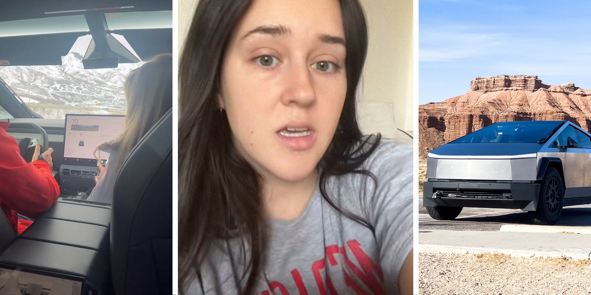 Couple inside of Tesla Cyber Truck(l) Woman shares experience using a Cyber Truck(c) Cyber Truck by mountain(r)