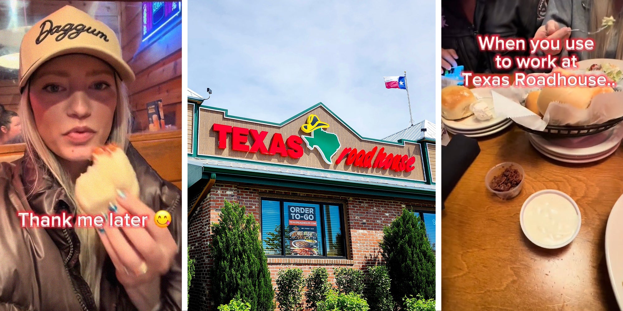woman taking bite of bread roll(l) Texas Roadhouse Restaurant(c) Table at Texas Roadhouse with bread rolls and ranch(r)