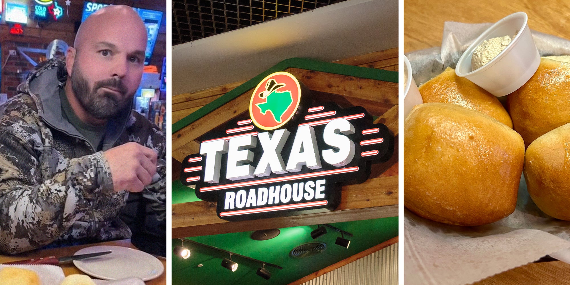 Man eating at Texas Roadhouse(l) Texas Roadhouse Sign(c) Bread Rolls(r)