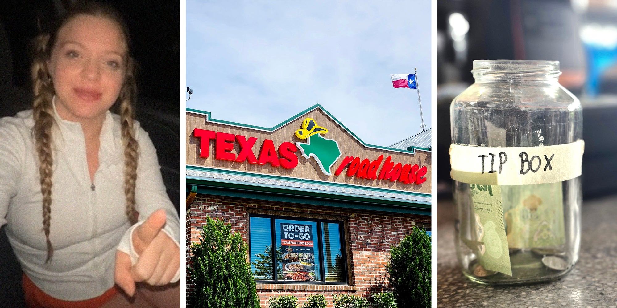 woman pointing at(r) Texas roadhouse restaurant(c) Tip box Jar(r)