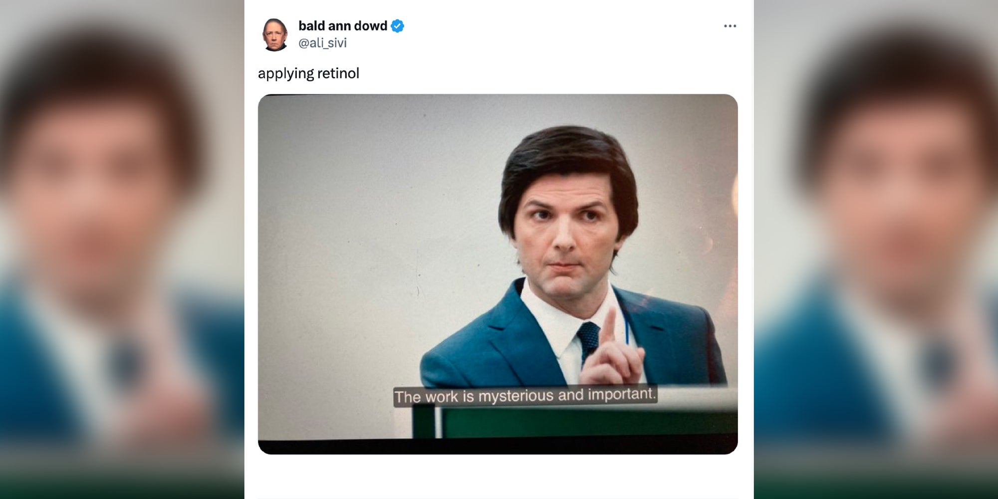 Screen grab of a tweet showing a screen grab from the show Severance. Text over says the work is mysterious and important.