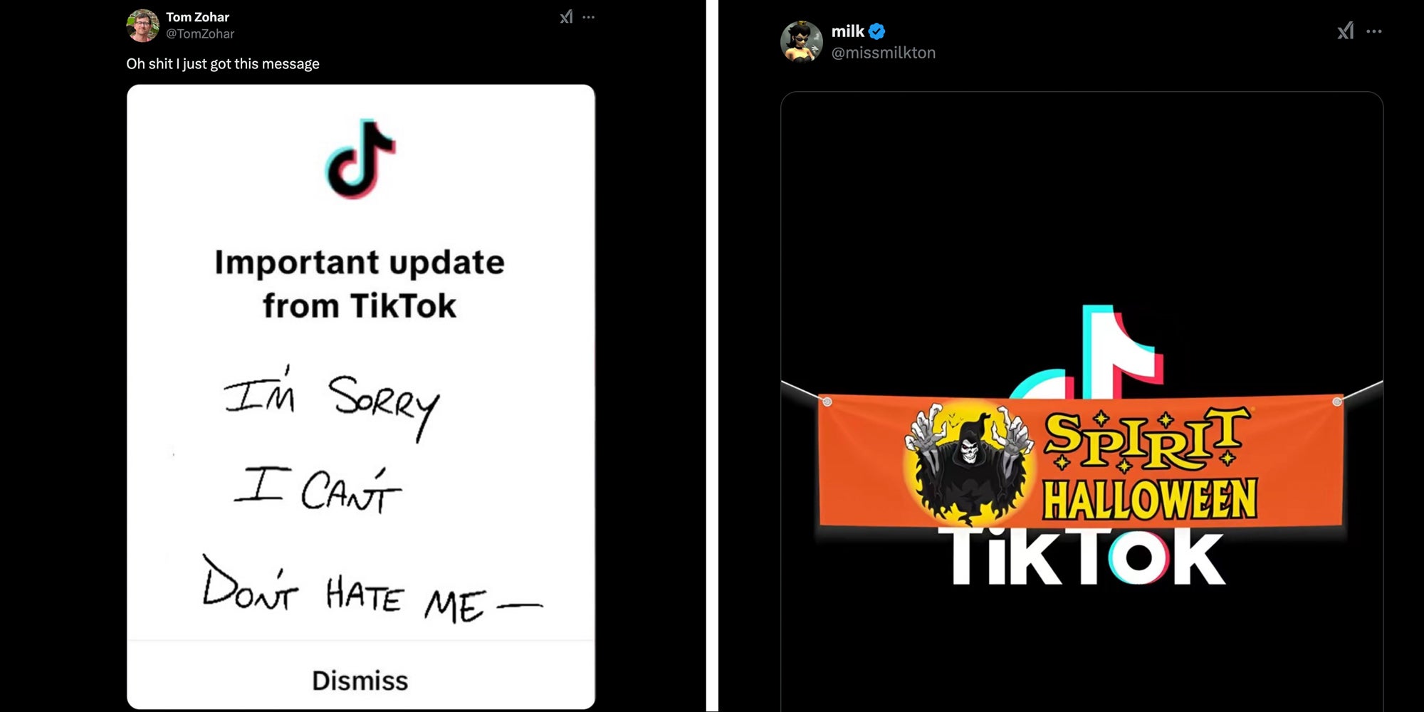 Tweet with tiktok update that is handwritten note that says "i'm sorry - i can't- don't hate me-"(l), Spirit halloween banner over tiktok logo(r)