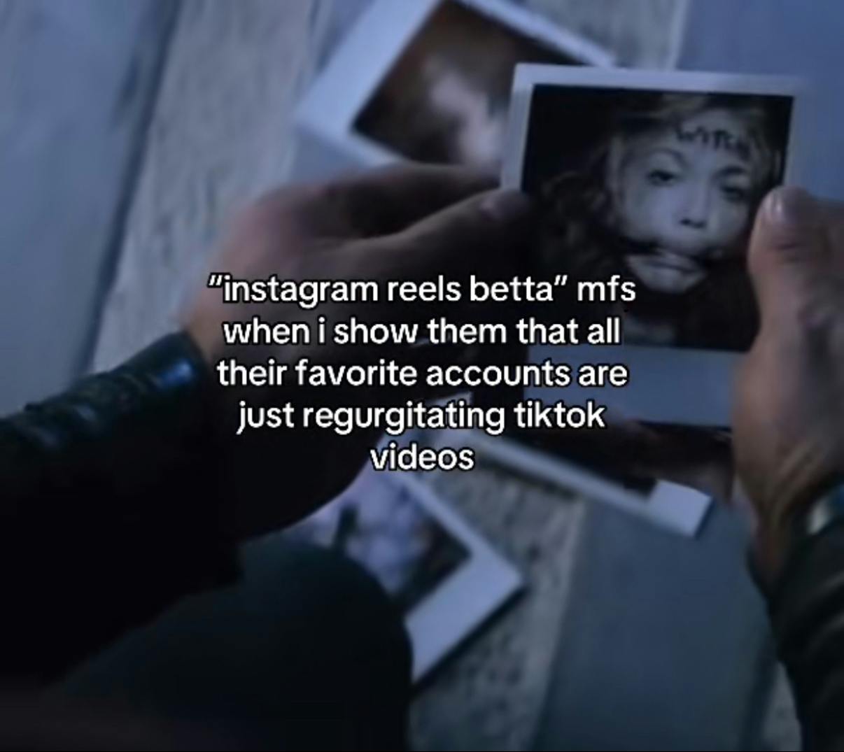 TikTok screenshot of a Superman scene. Text overlay reads, ''instagram reels betta' mfs when i show them that all their favorite accounts are just regurgitating tiktok videos.'