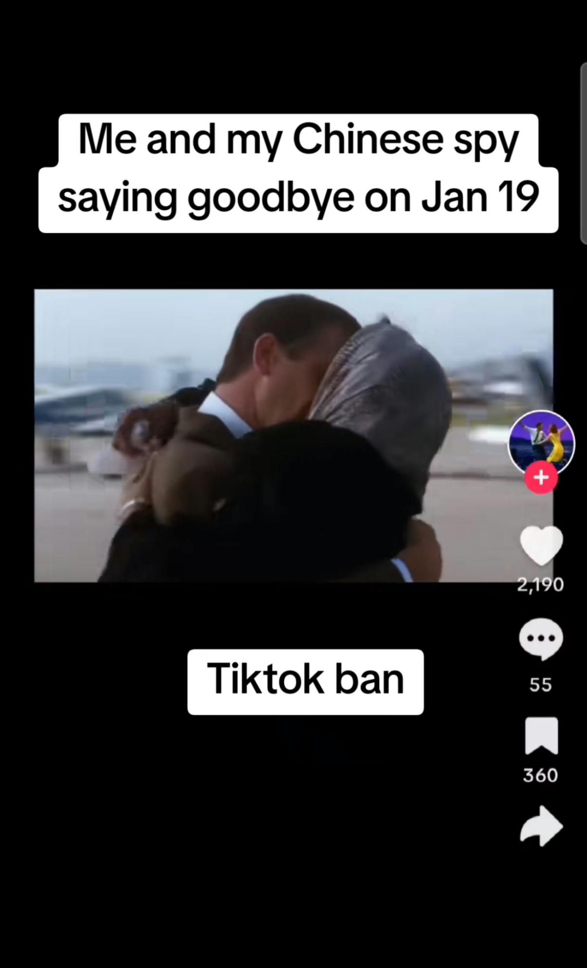 TikTok screenshot of a couple kissing on an air field. Text overlay reads, 'Me and my Chinese spy saying goodbye on Jan 19'