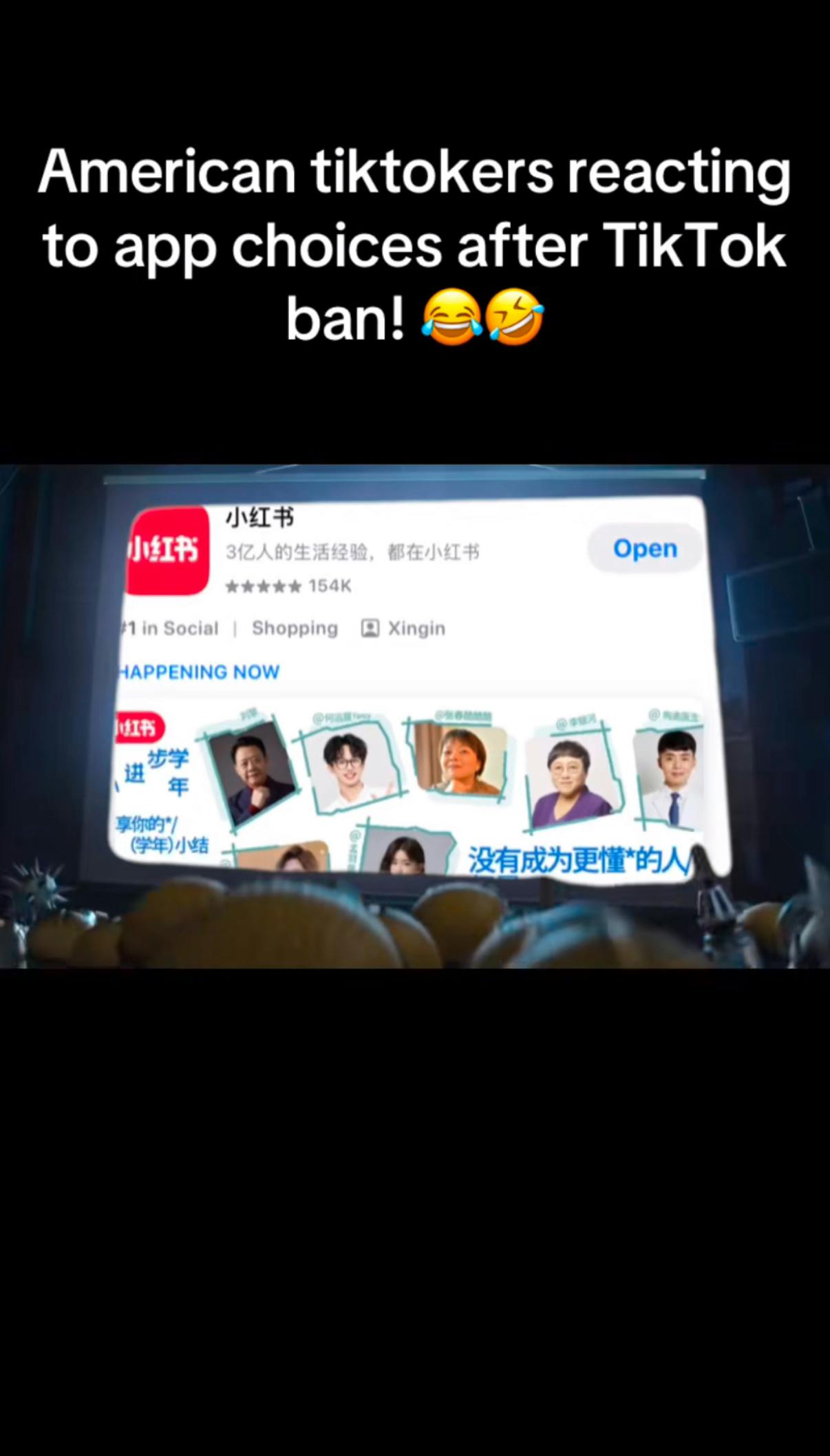 TikTok screenshot of a Minions crowd looking at a screen with RedNote's App Store screen on it. Text overlay reads, 'American tiktokers reacting to app choices after TikTok ban! (laugh emojis)'