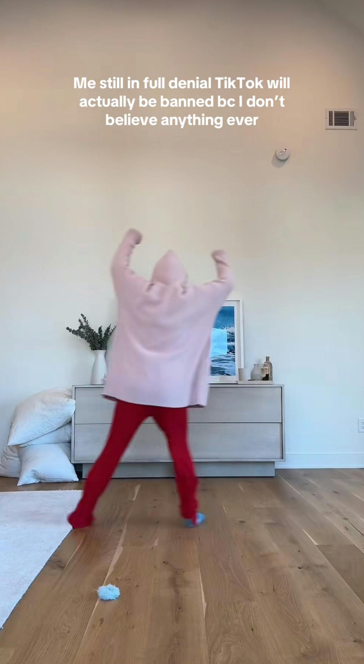 TikTok screenshot of a person in a pink hoodie and red pants sliding into frame to dance. Text overlay reads, 'Me still in full denial TikTok will actually be banned bc I don't believe anything ever.'