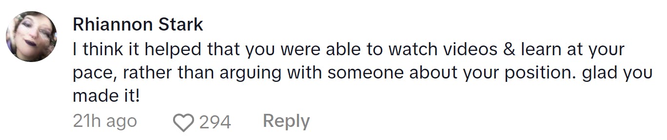 Comment responding to the woman who became a liberal after joining TikTok. Text reads, 'I think it helped that you were able to watch videos & learn at your pace, rather than arguing with someone about your position. glad you made it!'