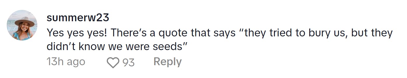 Comment responding to the woman who became a liberal after joining TikTok. Text reads, 'Yes yes yes! There’s a quote that says 'they tried to bury us, but they didn’t know we were seeds'”