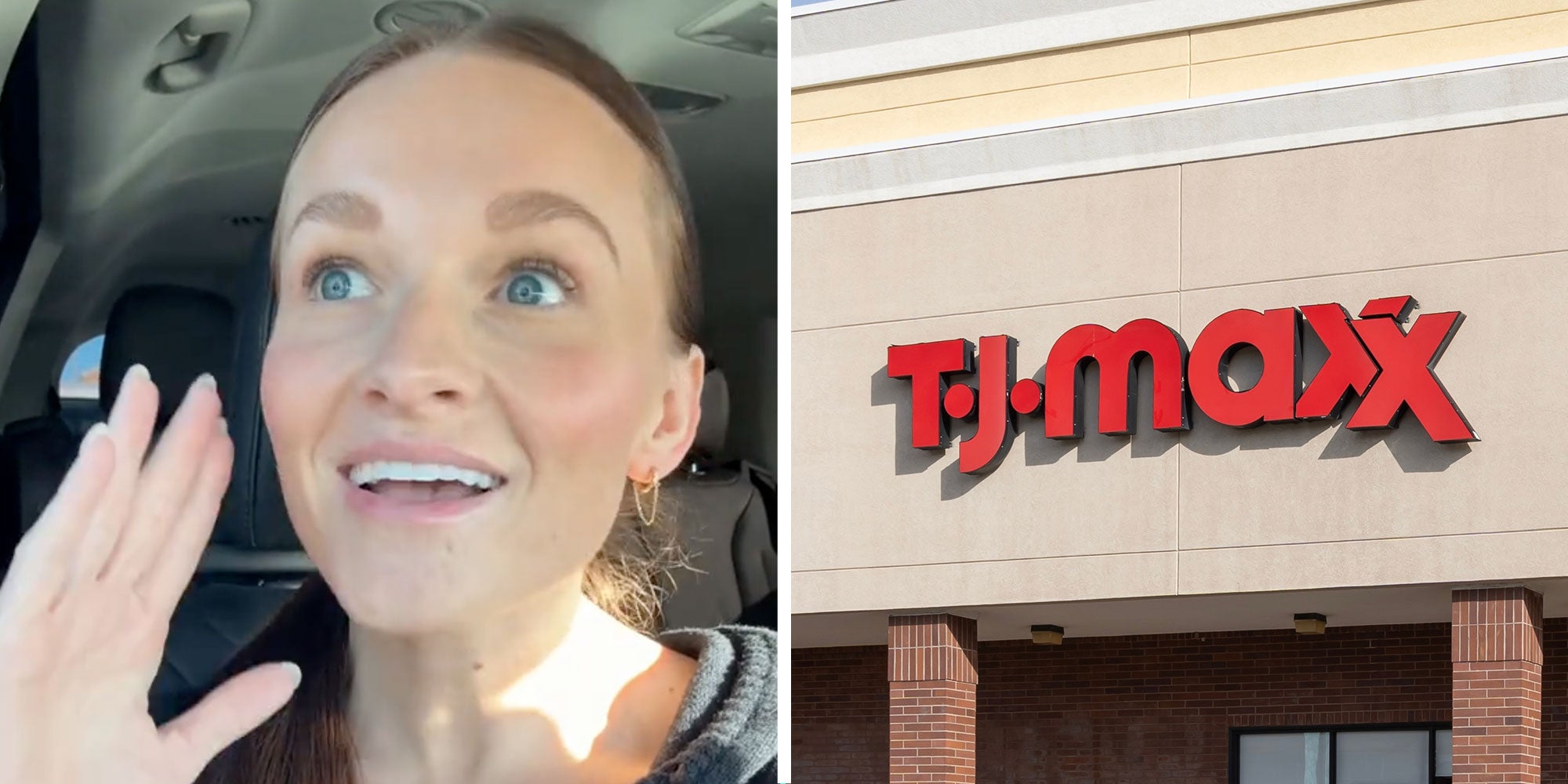 Side by side photos of Tiktok user @mariahhopkins_ next to a photo of a TJMaxx Sign.