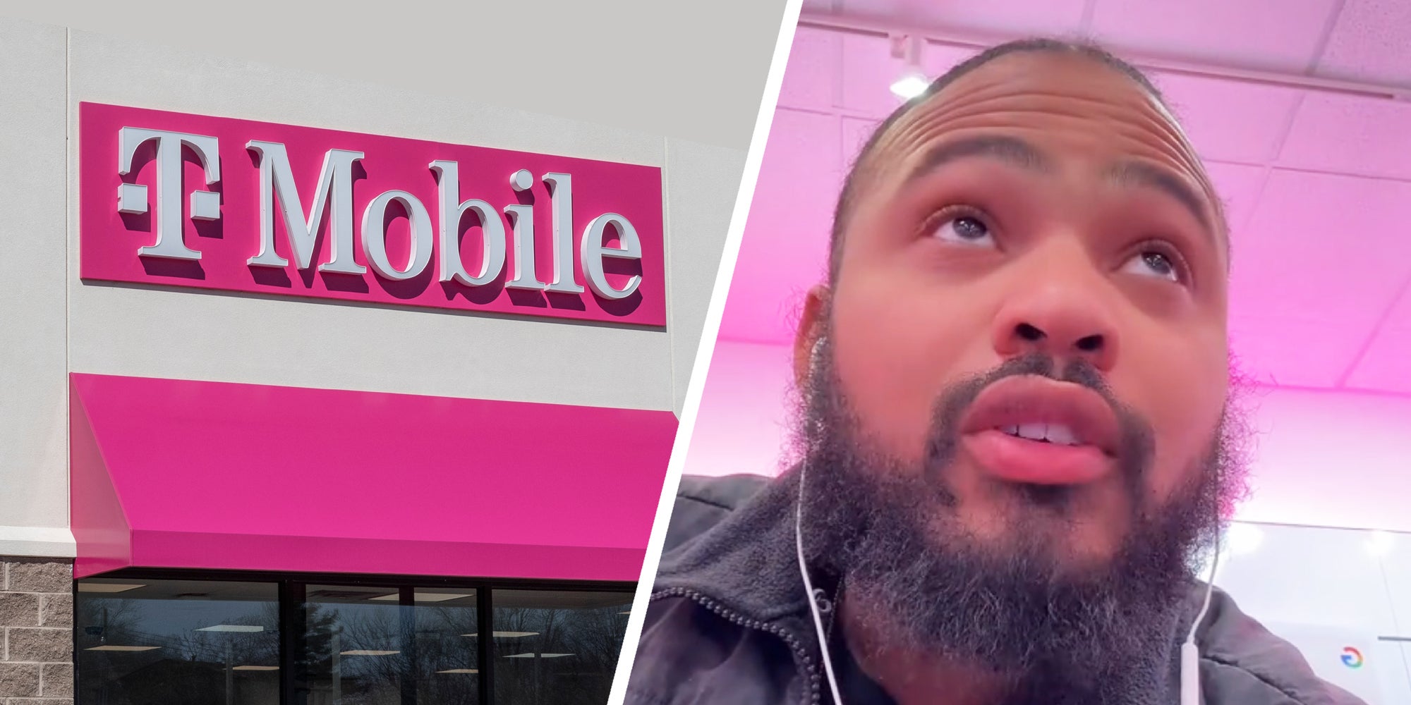 2 panel image: on the left is the exterior of a T-Mobile store and on the right a person explains