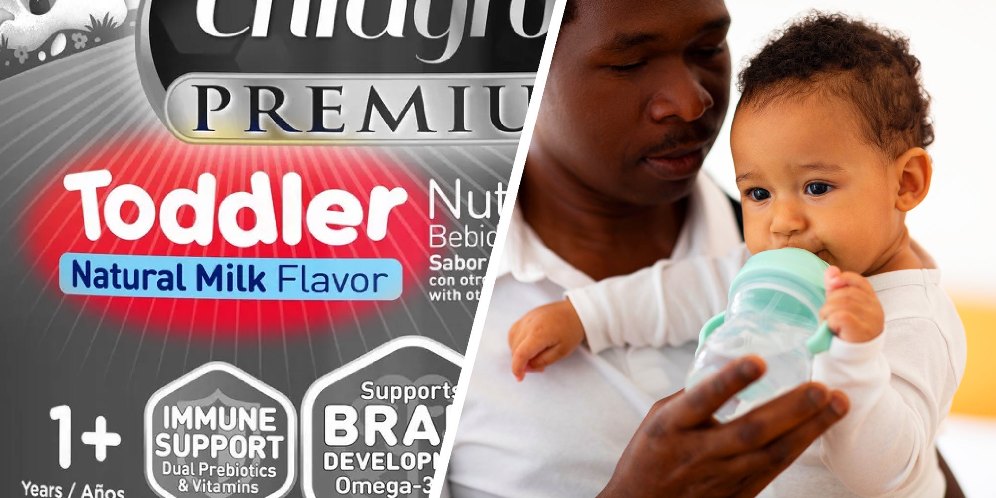 2 panel image: on the left we see the exterior of a bottle of baby formula, and the tight is a man holding a baby with a bottle.