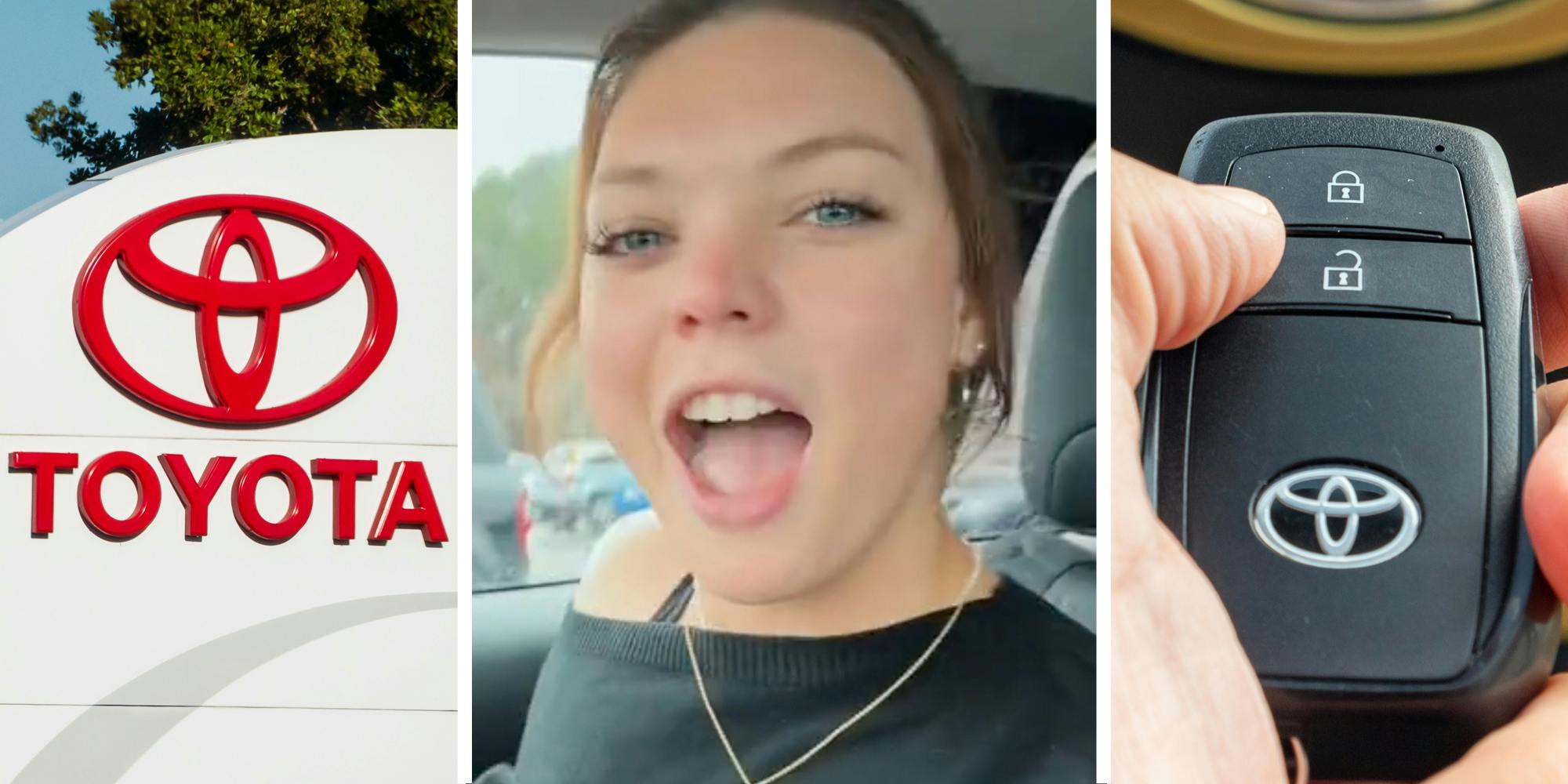 Toyota sign(l), Woman looking shocked(c), Hand holding toyota key fob(r)