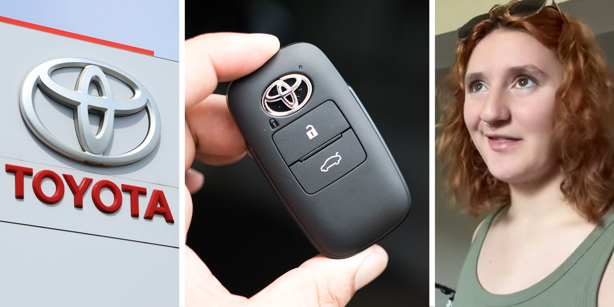Toyota Logo Dealer(l) Toyota Key Fob(c) Woman sharing what happened to her at a Toyota Dealer(r)