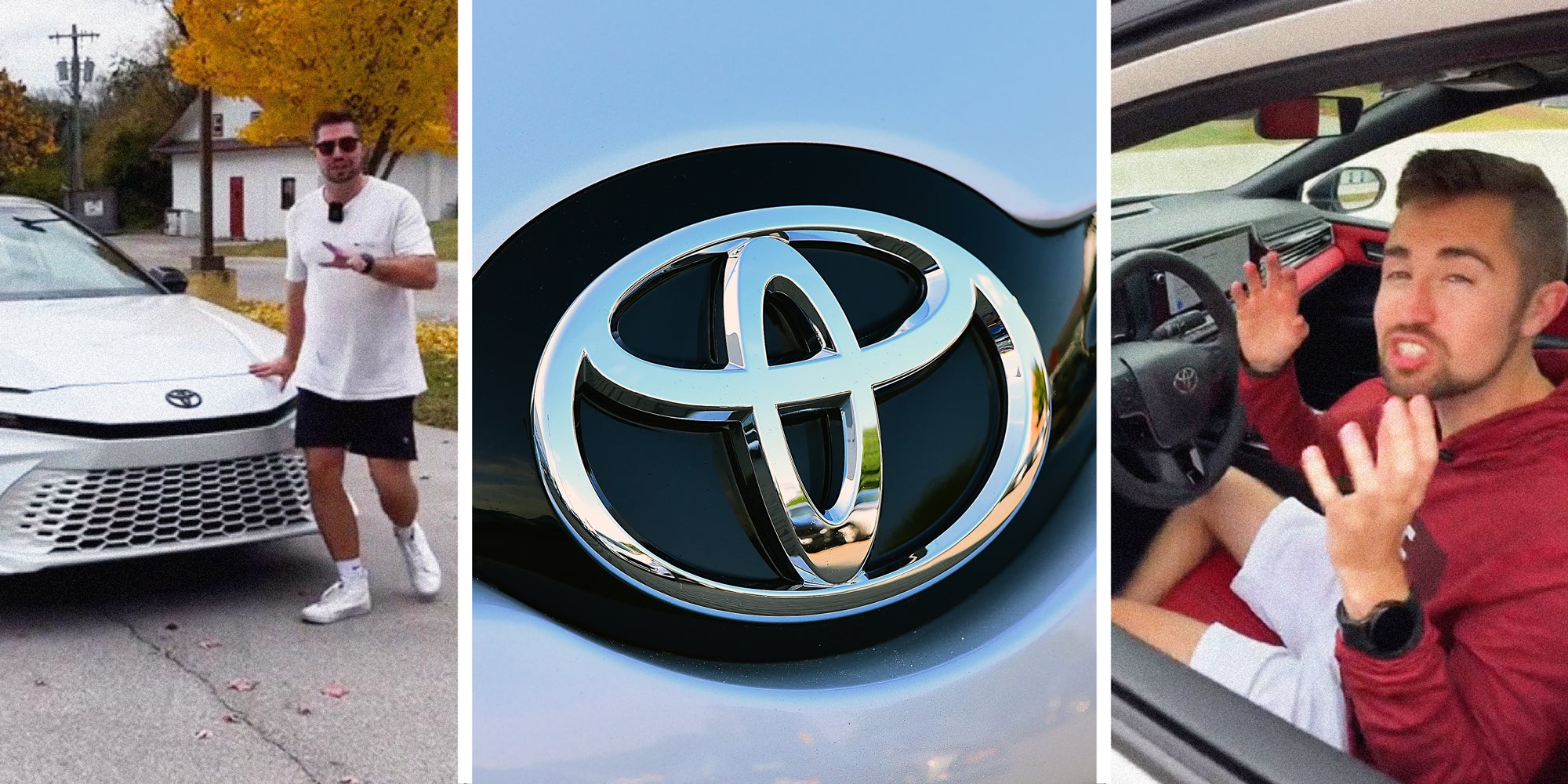 3 panel image: on the sides a person explains, in the middle is the Toyota Camry logo.