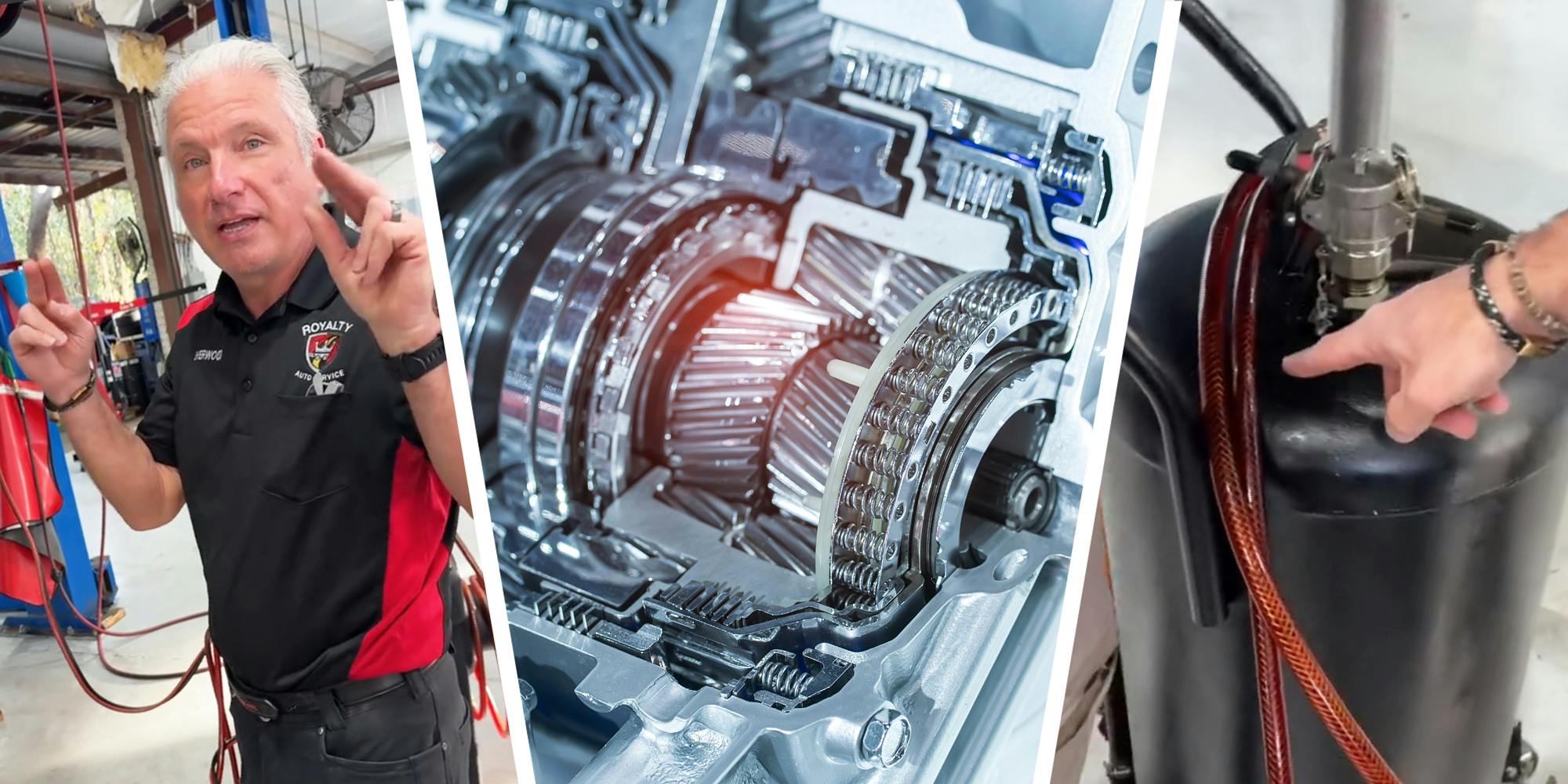 3 panel image showing a mechanic explaining and a cutaway of a car transmission system.