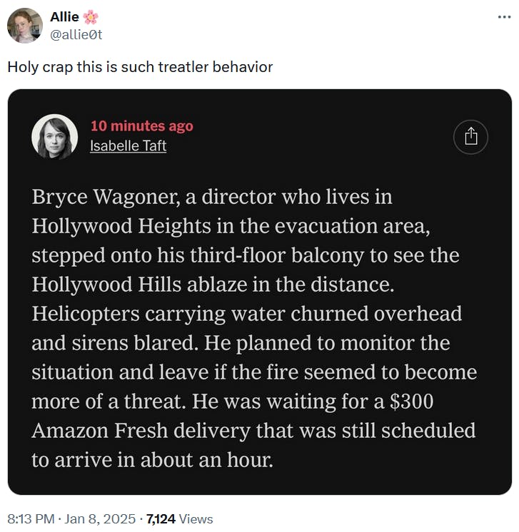 Treatler meme with a screenshot of a social media post about someone waiting for an Amazon Fresh delivery amid the LA wildfires.