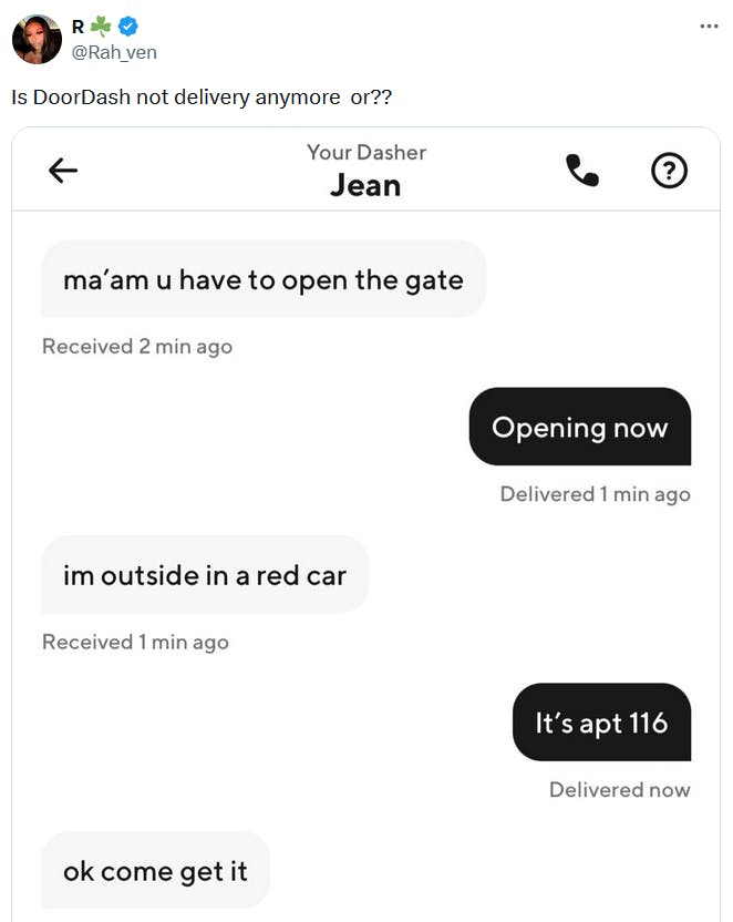 Tweet asking if DoorDash is still a delivery app with a screenshot of a text conversation showing the driver telling her to come get her order from the car.