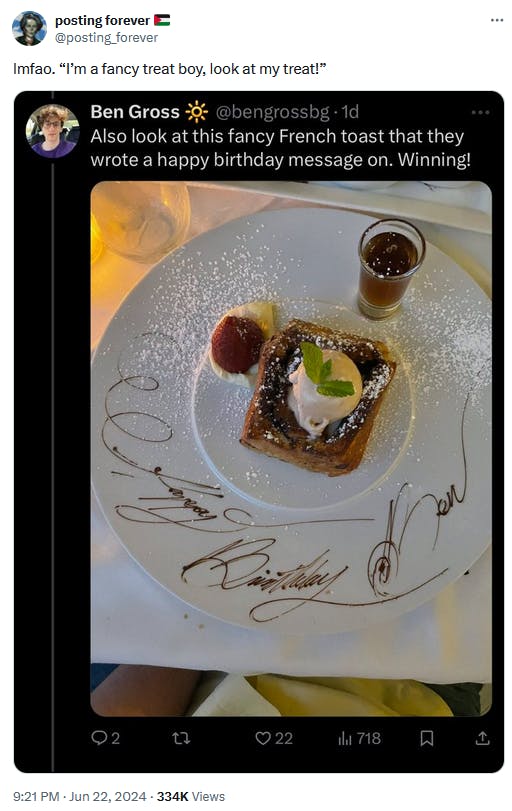 Tweet mocking a screenshot of a tweet with a photo of French toast and ice cream with 'Happy Birthday Ben' written on the plate and a side of espresso.