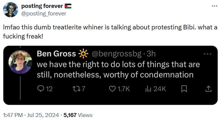 Tweet reading "lmfao this dumb treatlerite whiner is talking about protesting Bibi. what a fucking freak!"