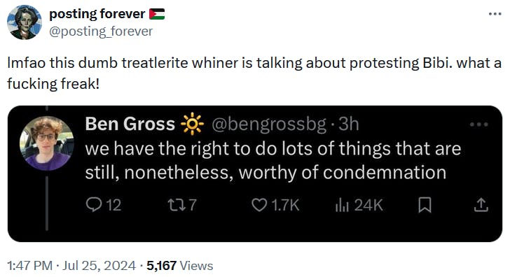 Tweet reading 'lmfao this dumb treatlerite whiner is talking about protesting Bibi. what a fucking freak!'