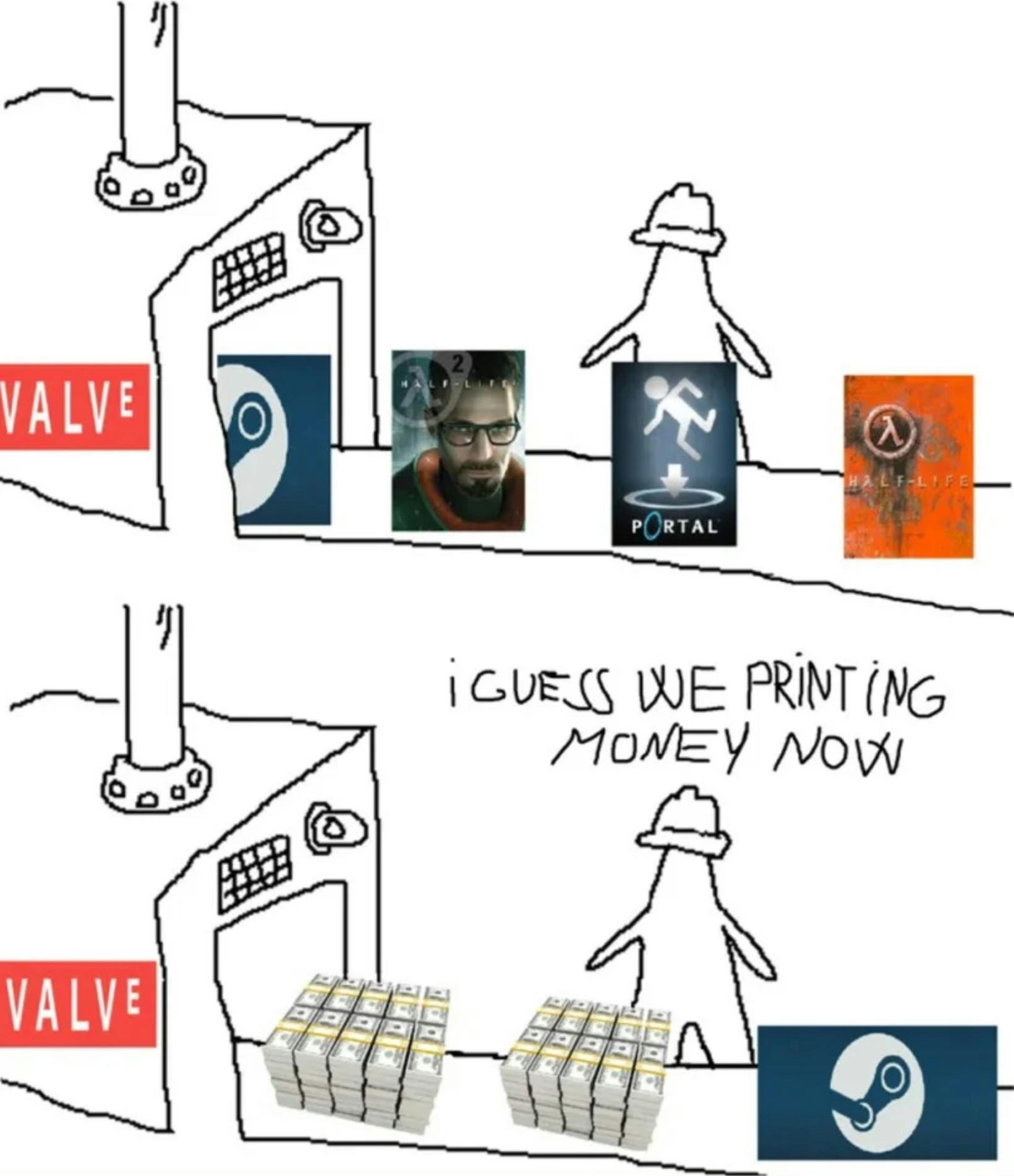 valve 'i guess we're printing money now' triangle in a circle factory meme