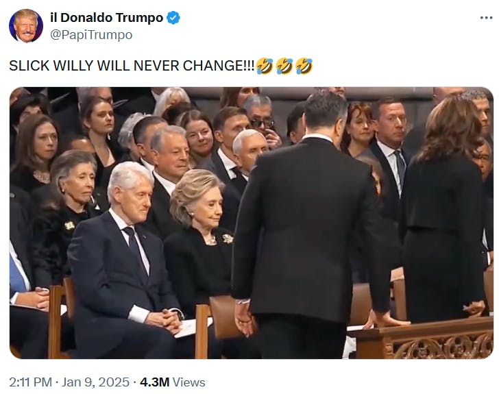 Bill Clinton looking toward Kamala Harris as she passes his seat at the funeral.