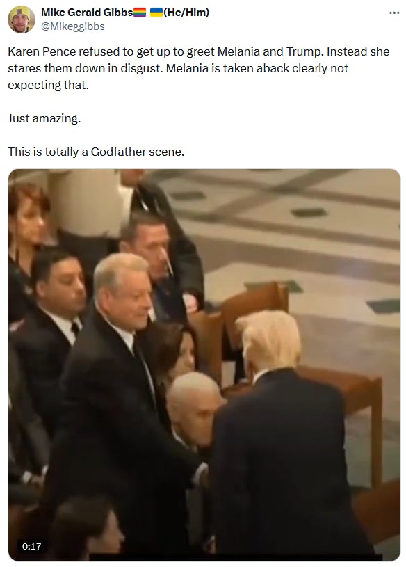 Video of Karen Pence refusing to stand for the Trumps as Mike rises from his seat.