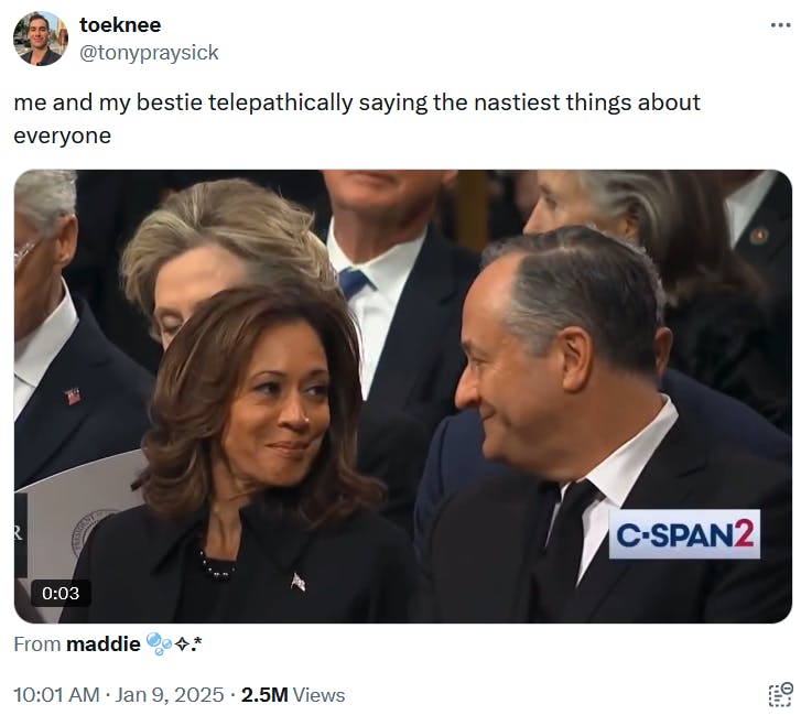 Kamala Harris and her husband sharing a look and smile.