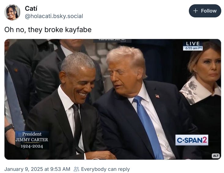 Trump Obama meme saying they broke kayfabe.