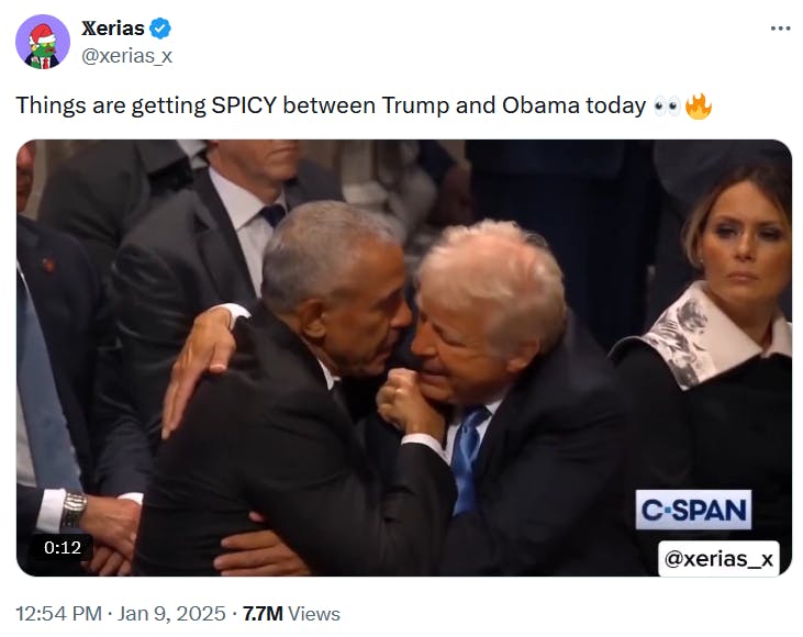 Trump Obama meme with an AI video showing the two of them fighting.