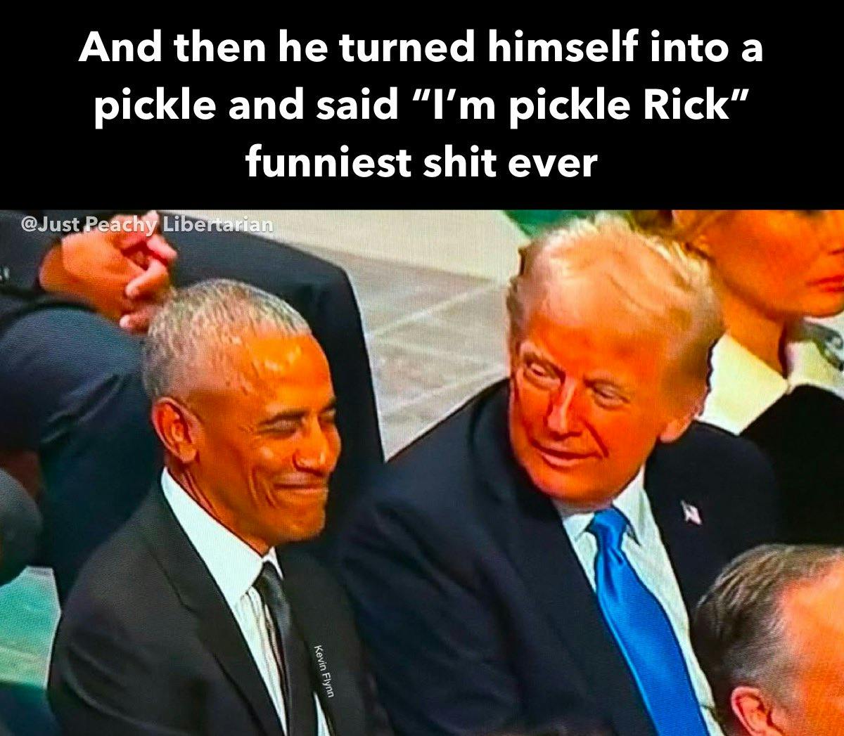 Trump Obama meme saying Trump was telling Obama about Pickle Rick.