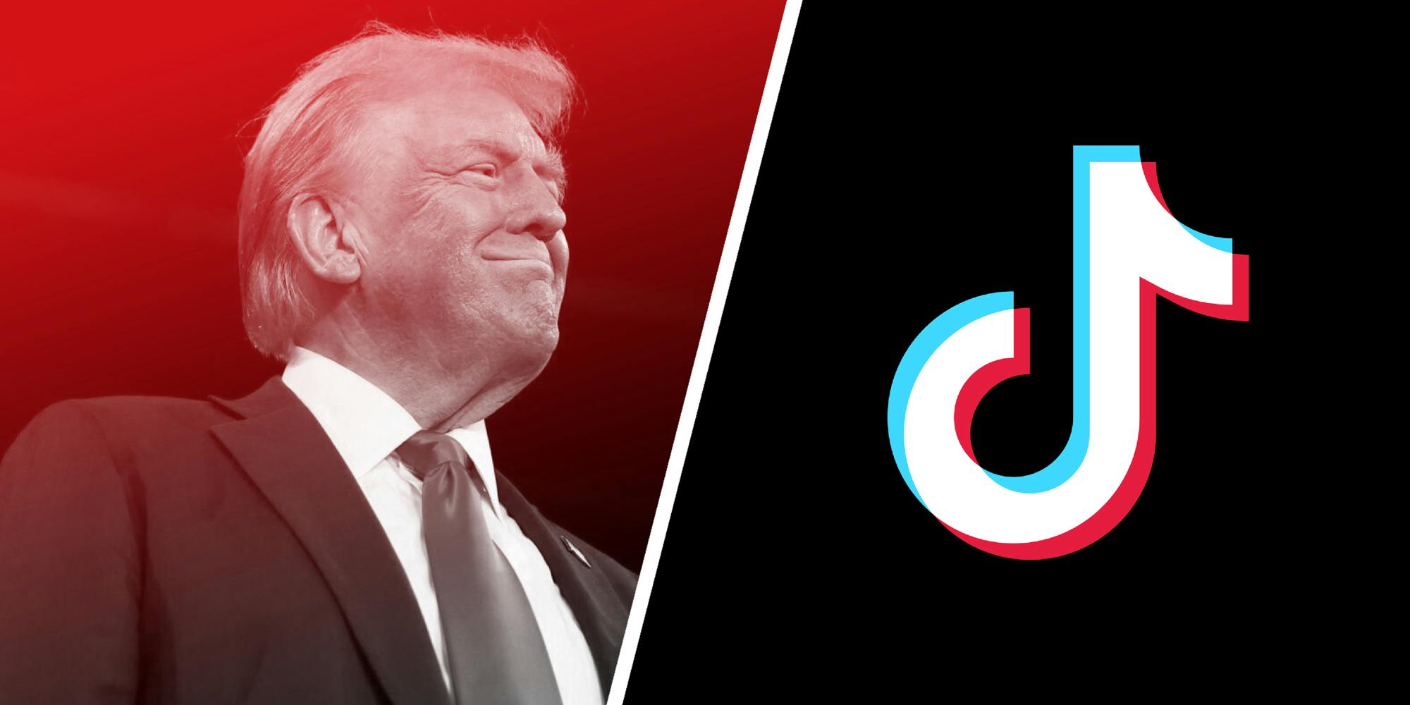 2 panel image: Donald Trump in a red haze on the left, on the right, the TikTok logo.