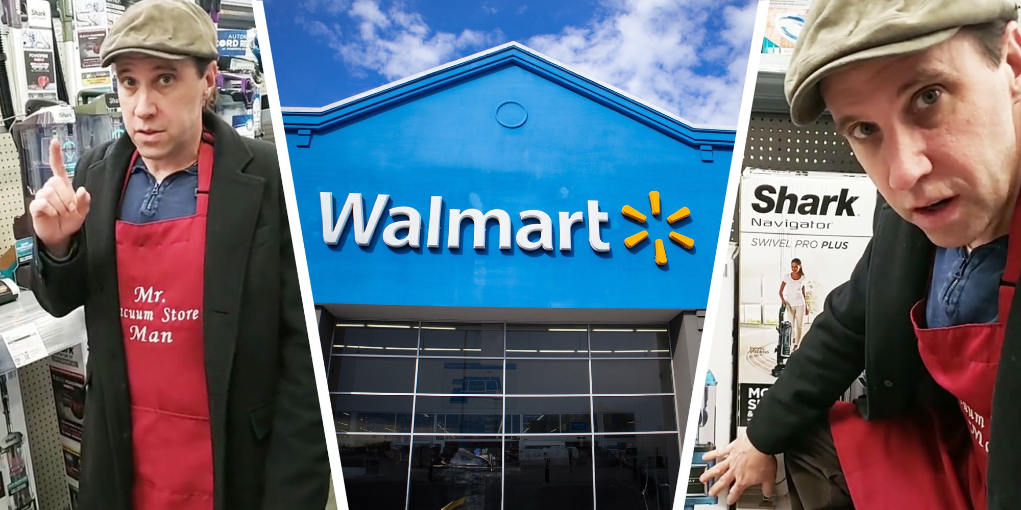 3 panel image: on the sides a person explains, in the middle the exterior of a Walmart store.