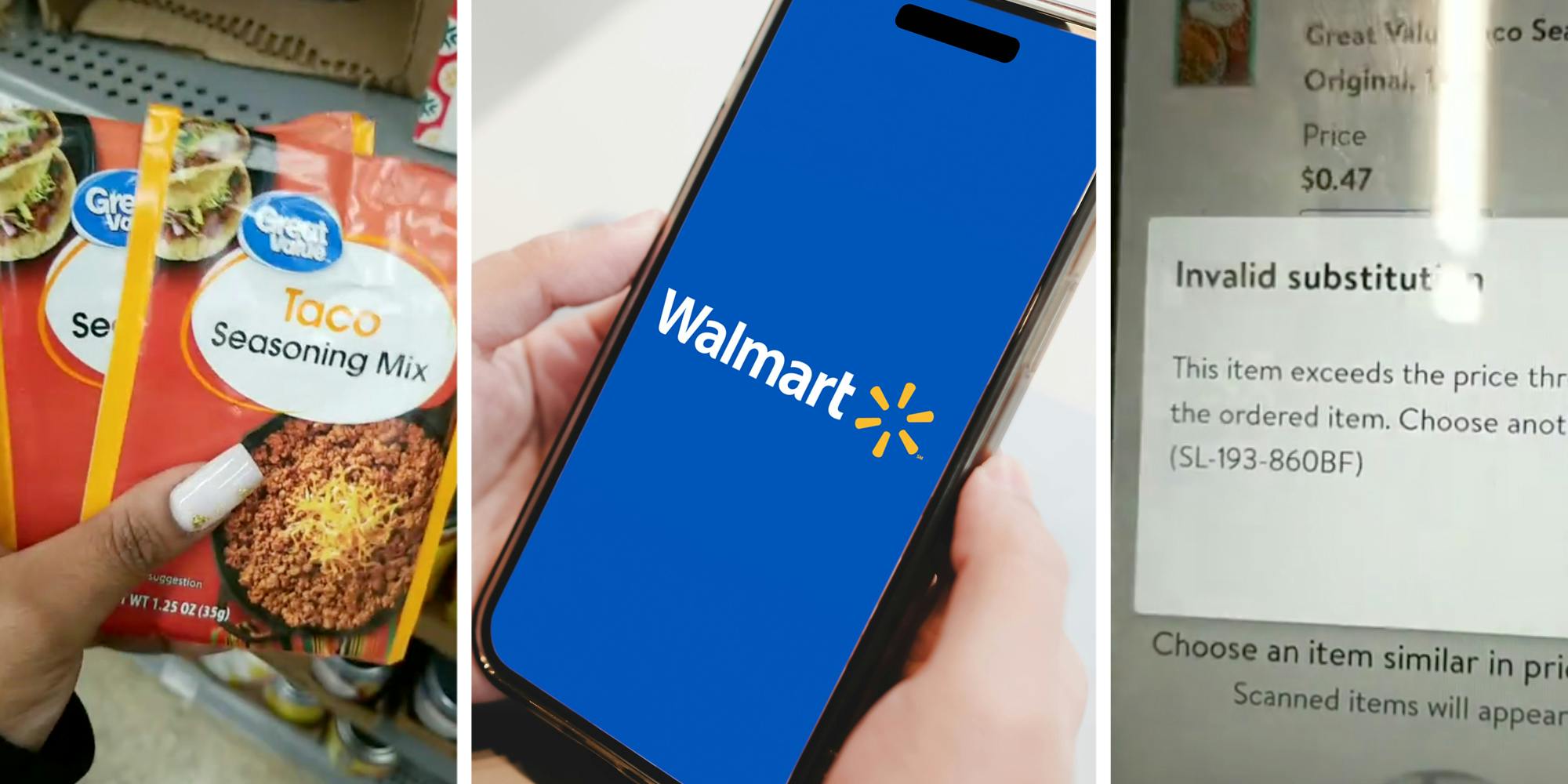 Hand holding taco seasoning packets(l), hands holding phone with walmart app(c), Screen saying invalid substitution(r)