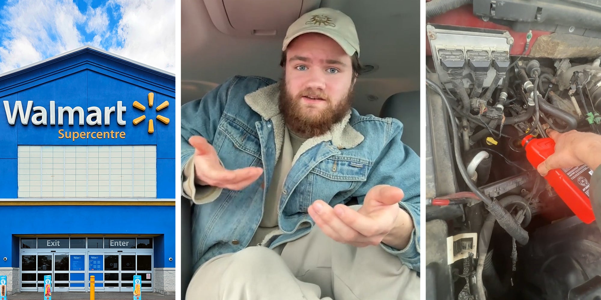 Walmart Store Front(l) Man shares if its cheaper to change your own oil(c) Man pours oil for engine(r)