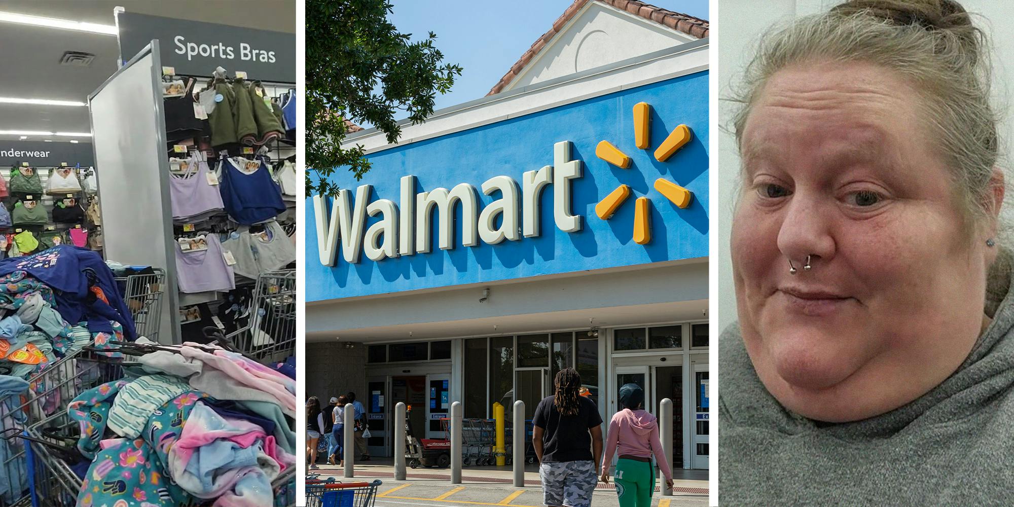 Two Carts of Clothing at Walmart Store(l) Walmart Store Front(c) Woman sharing what she saw at a Walmart(r)