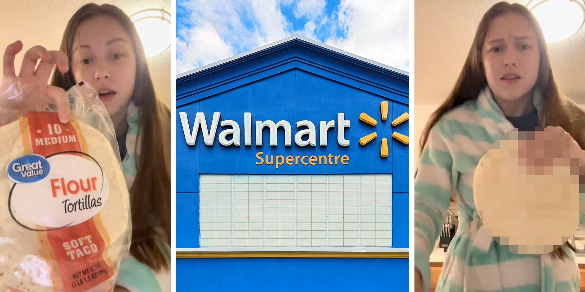 Woman with tortillas(l+r), Walmart store(c)