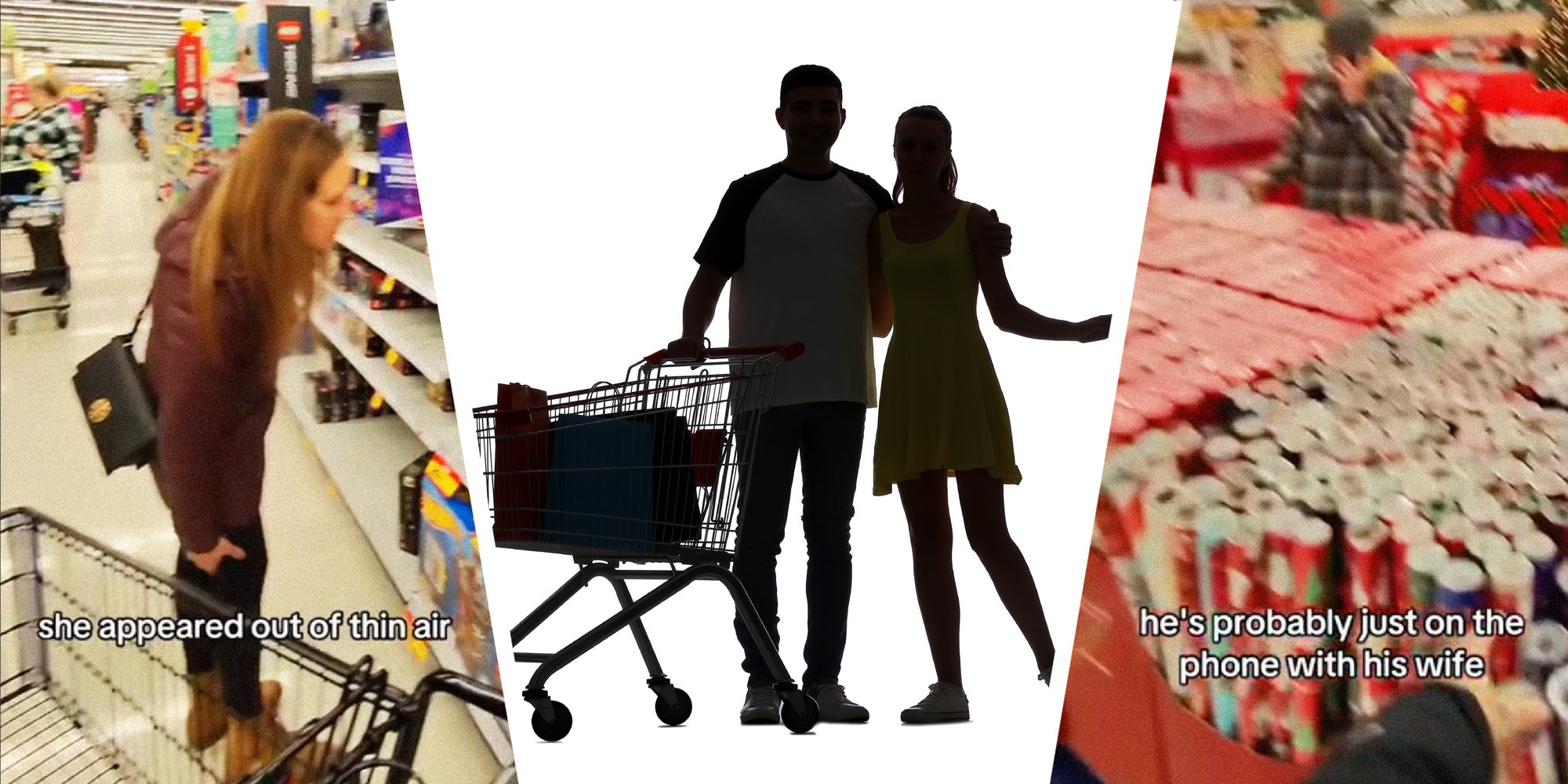 3 panel image showing scenes from a Walmart store on the sides and in the middle, the shadow-y silhouettes of floor walkers.