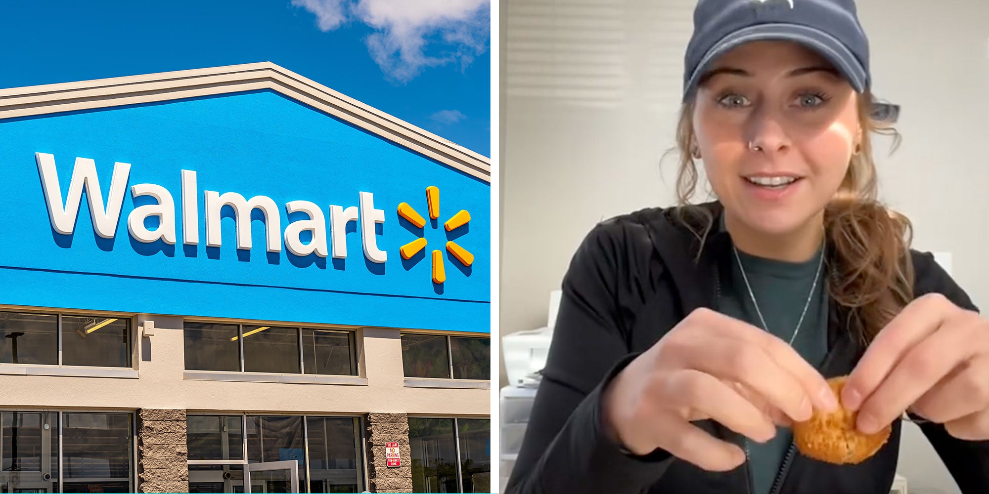 Side by side photos of a Walmart exterior and @opebigyikes's from their Tiktok.