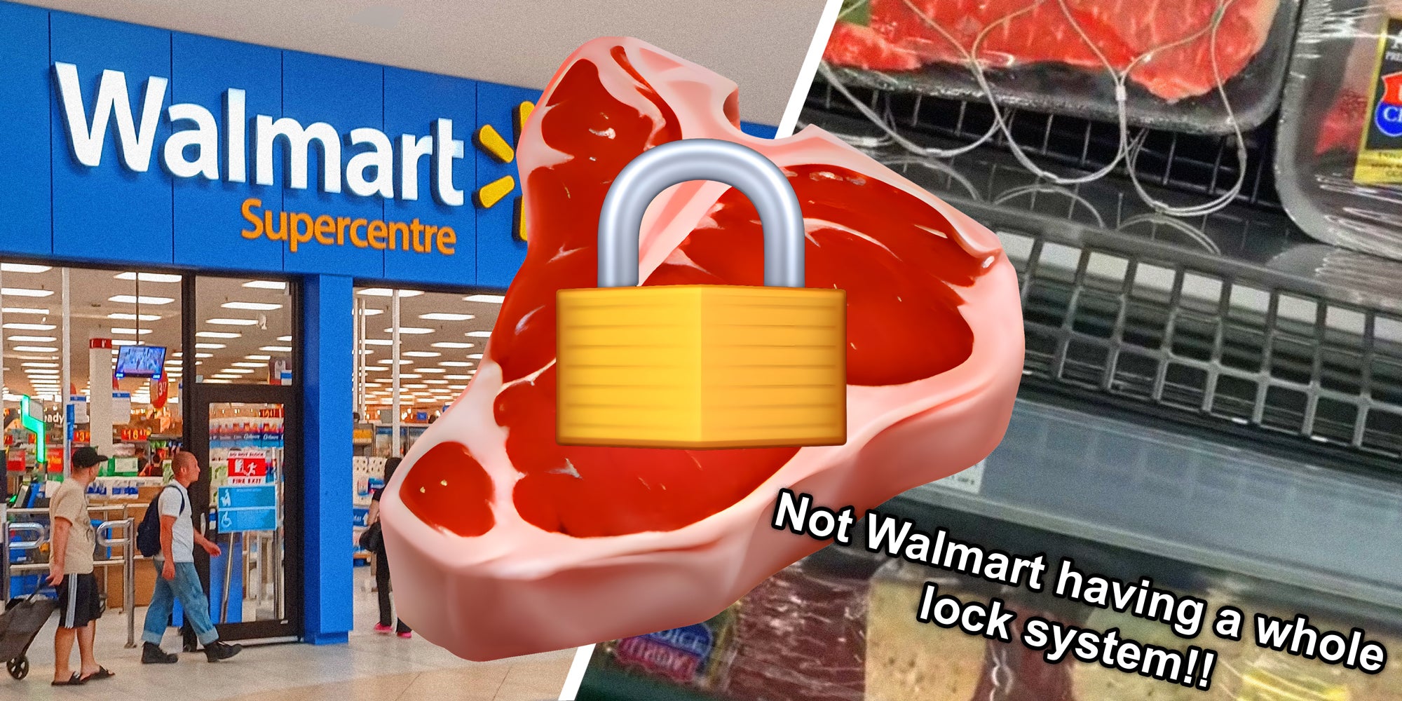 image showing the exterior of Walmart, a steak emoji with a lick emoji on it, and a screen shot from a TikTok post that says, 'Not Walmart having a whole lock system!!