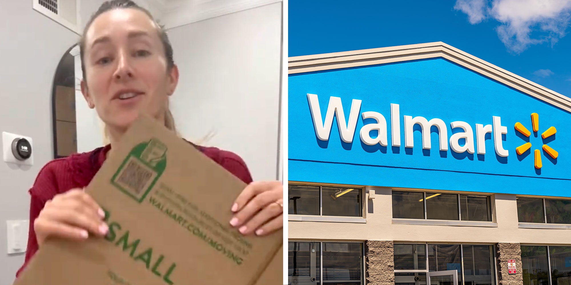 Screenshot of Tiktok user @hayesandjames next to a photo of a Walmart store exterior.