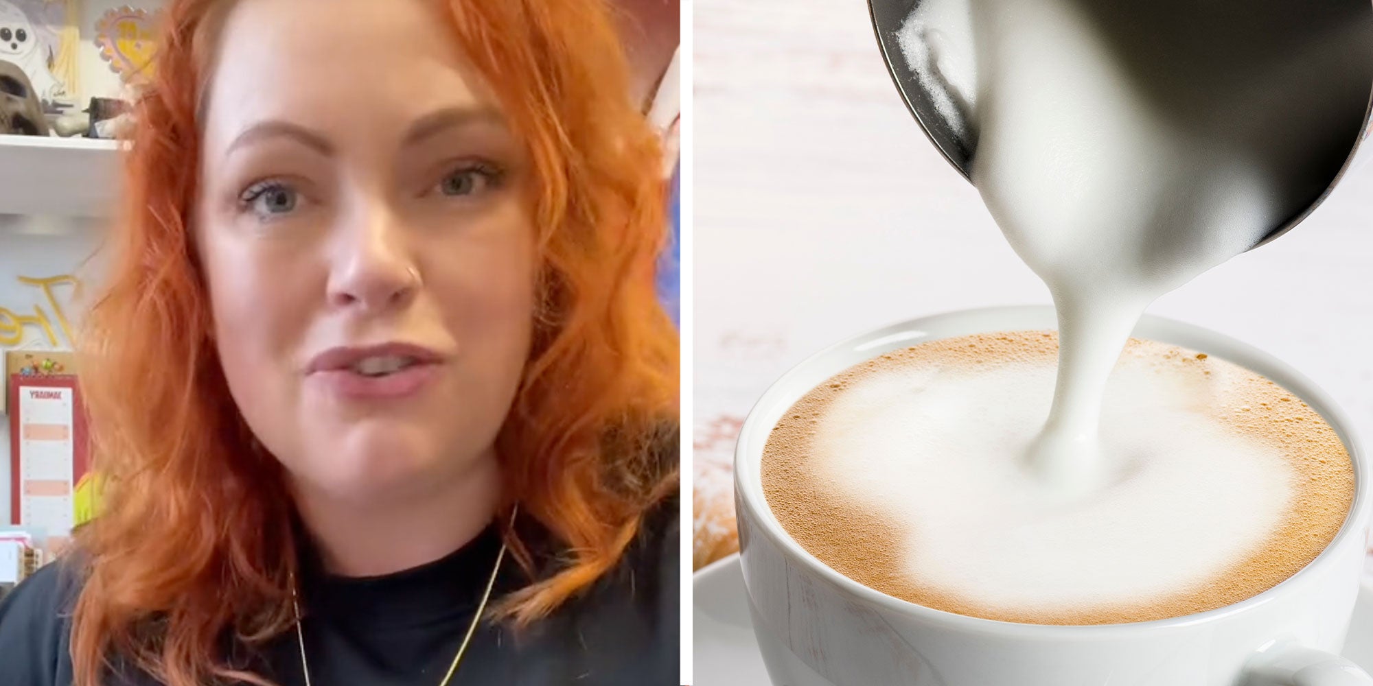 Two panel design with a woman looking at taking to the camera, next to an image of frothed milk being poured into an espresso.