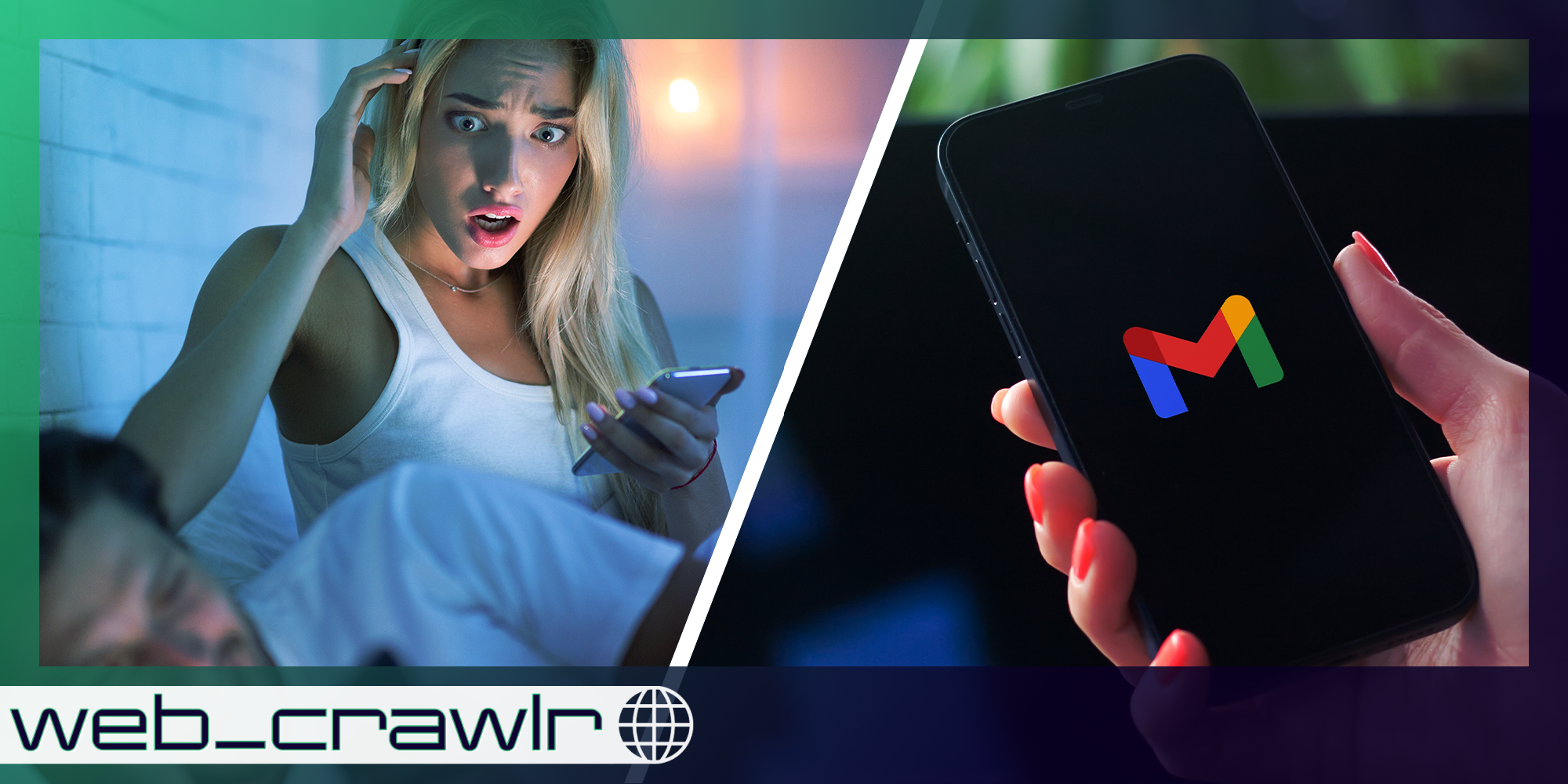 woman looking shocked at husband(l) Woman holding iPhone with Gmail app on display(r)