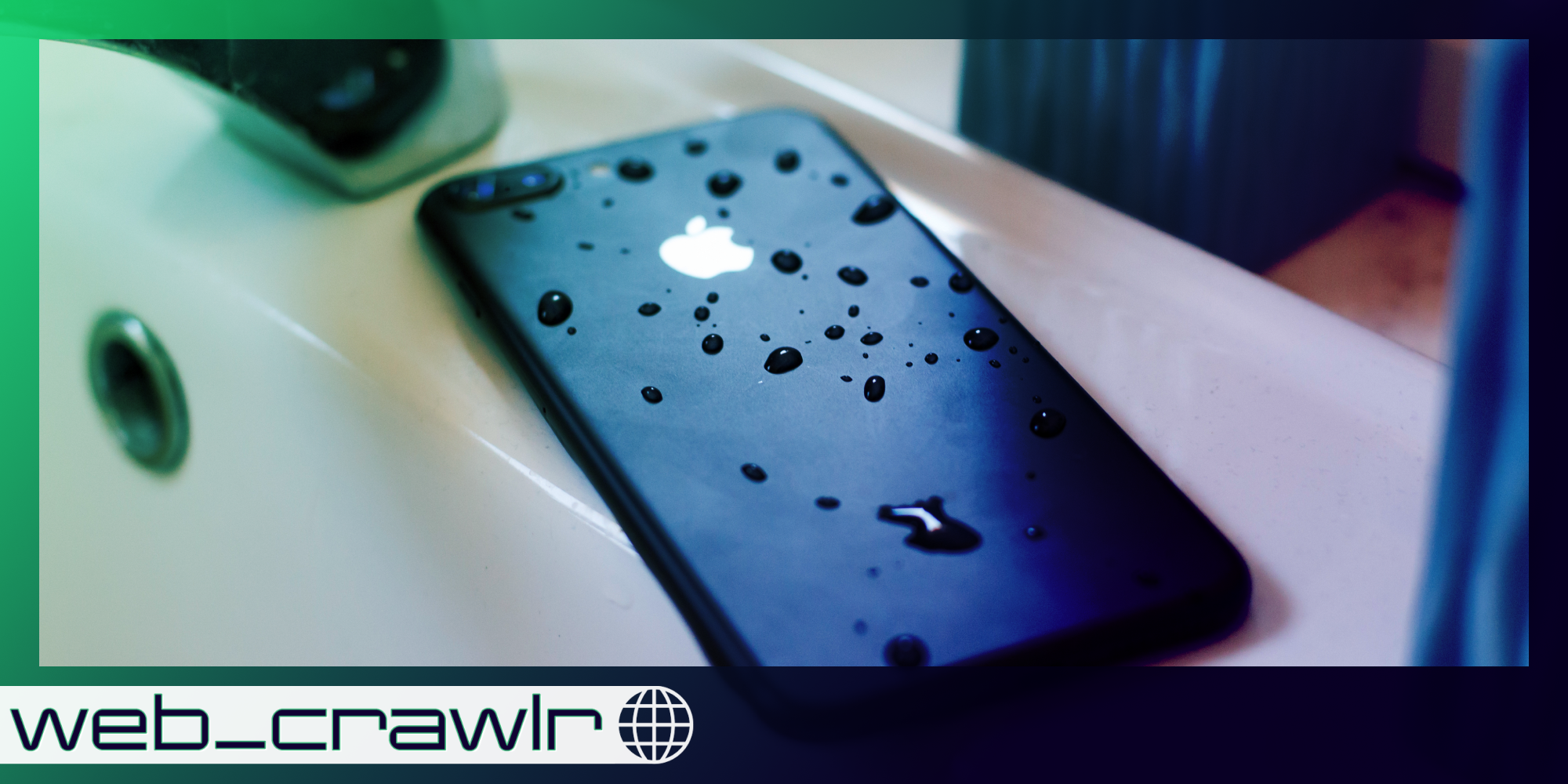 An iPhone with water droplets on it. The Daily Dot newsletter web_crawlr image is on the bottom left corner.