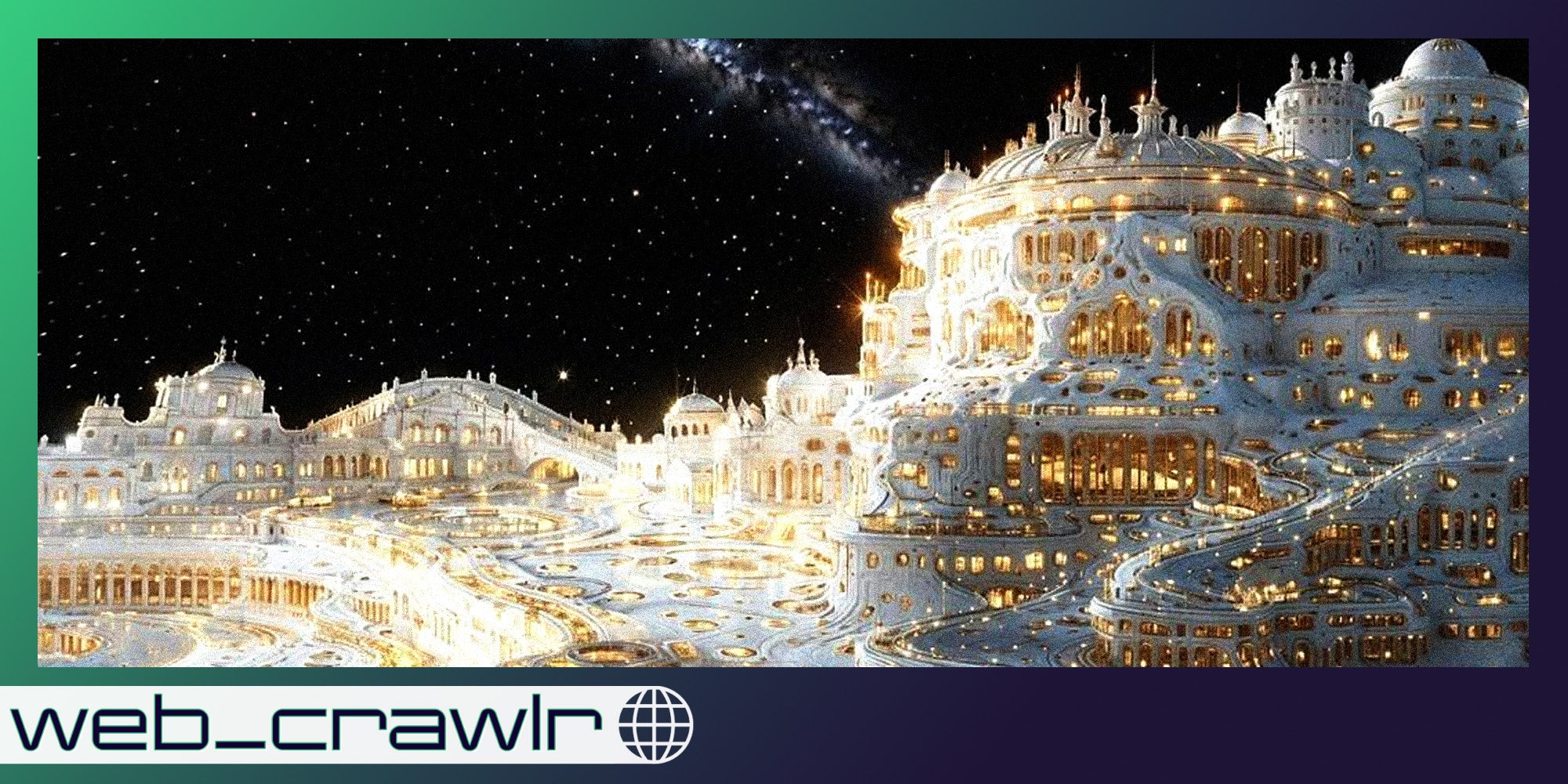 AI-generated image containing a white and gold cityscape with a starry night sky. The image is bordered by a frame which contains the web_crawlr logo.