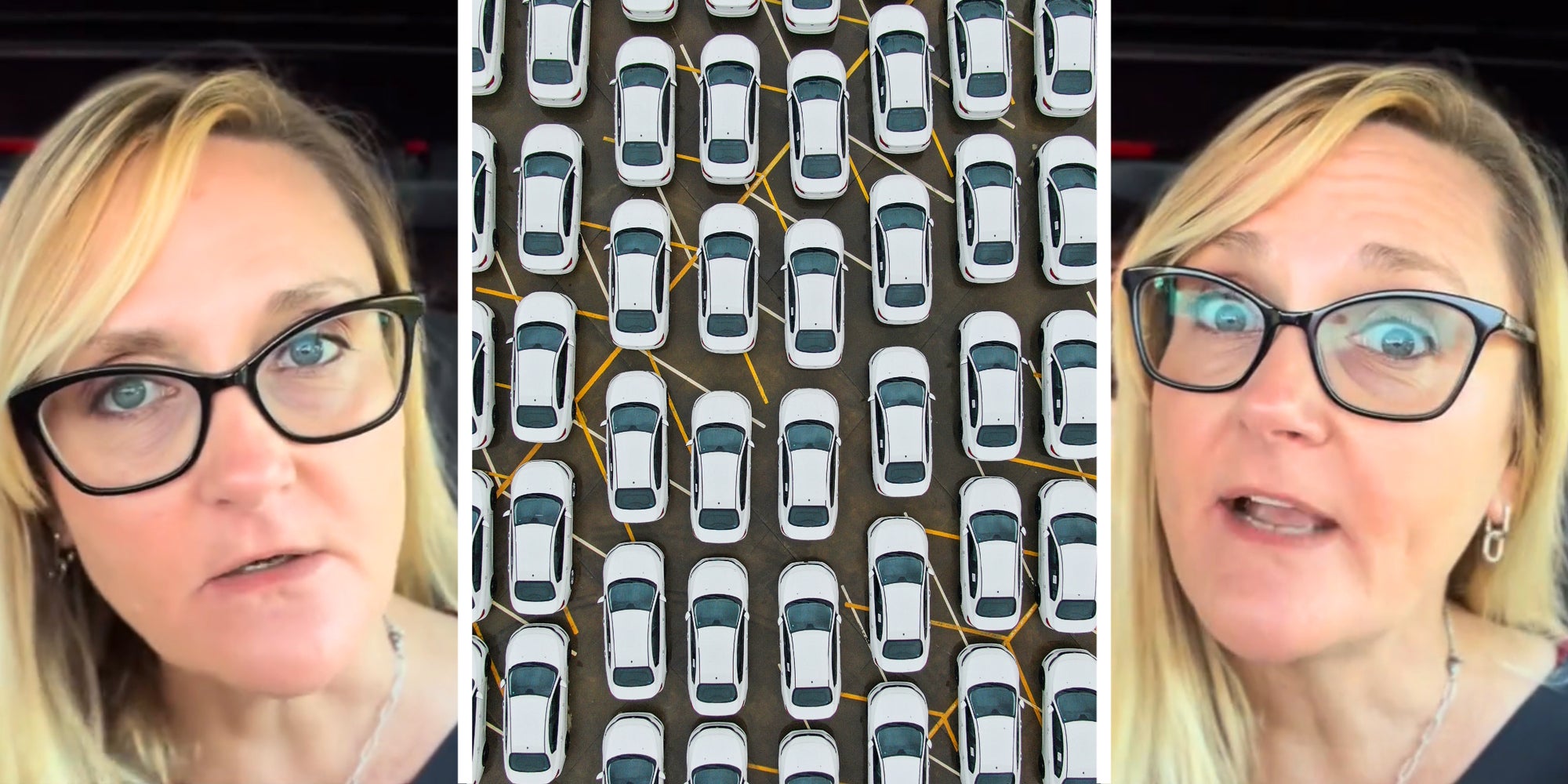 3-panel image, on the sides a person explains, in the middle a birds a view of a parking lot full of white cars.