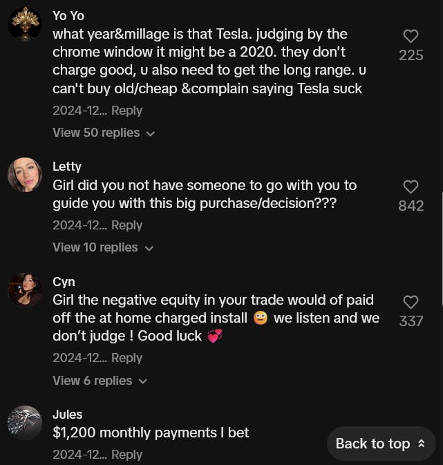 TikTok comments giving advice about buying a used Tesla.