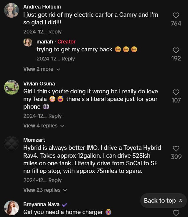 TikTok comments giving opposing opinions about Tesla vehicles.